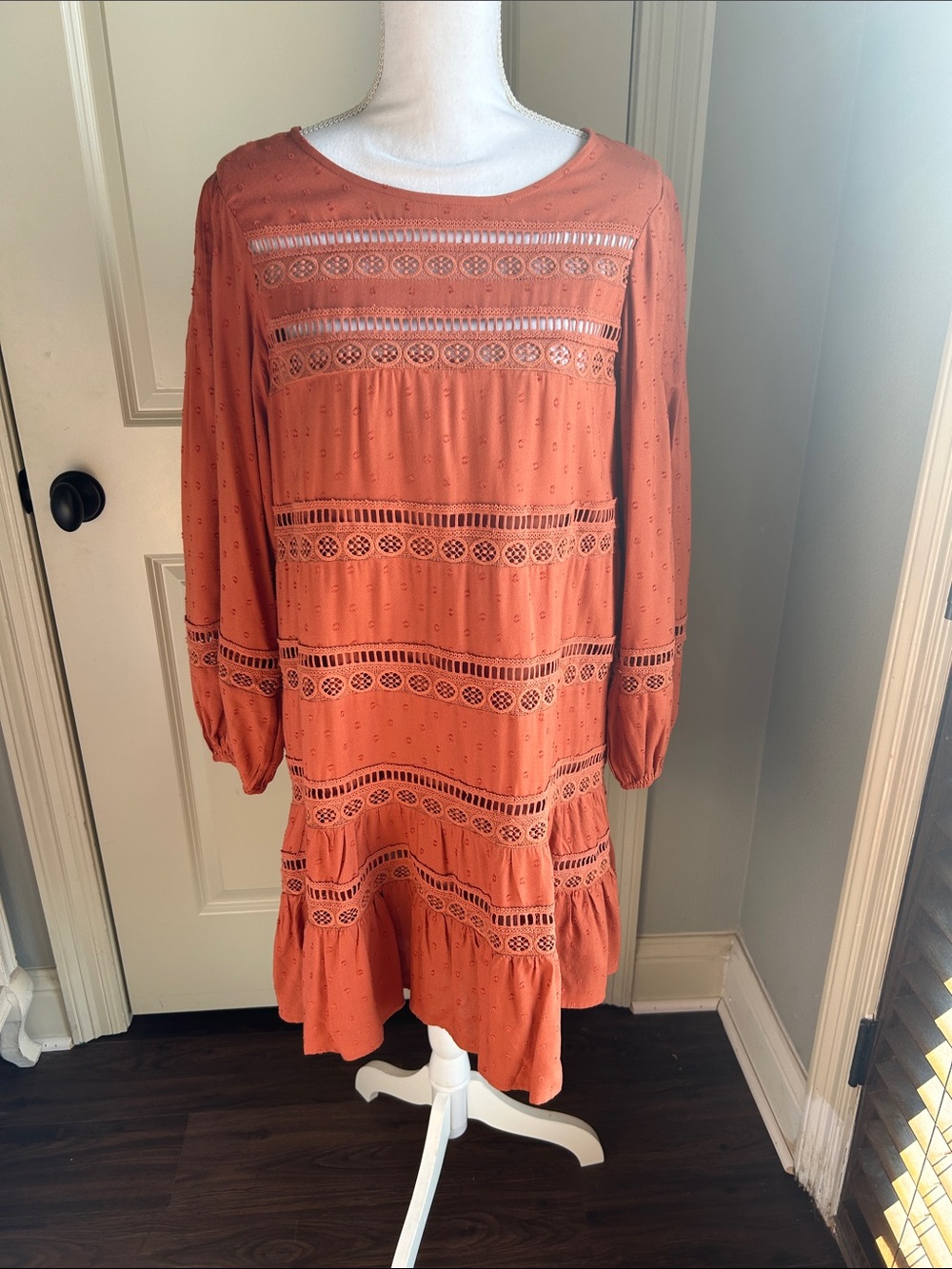 Womens Rust Eyelet Tiered Long-Sleeve Dress by Anthropologie
